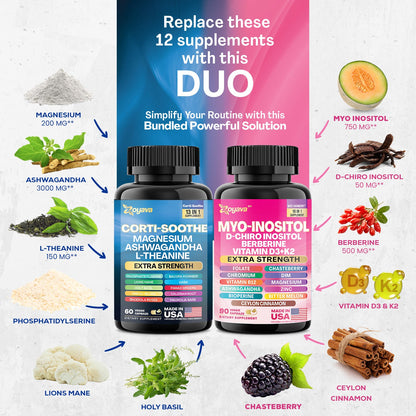 Zoyava Soothe and Smooth Bundle: Cortisol 60 and Myo-Inositol 90 Capsules Supplement Bundle